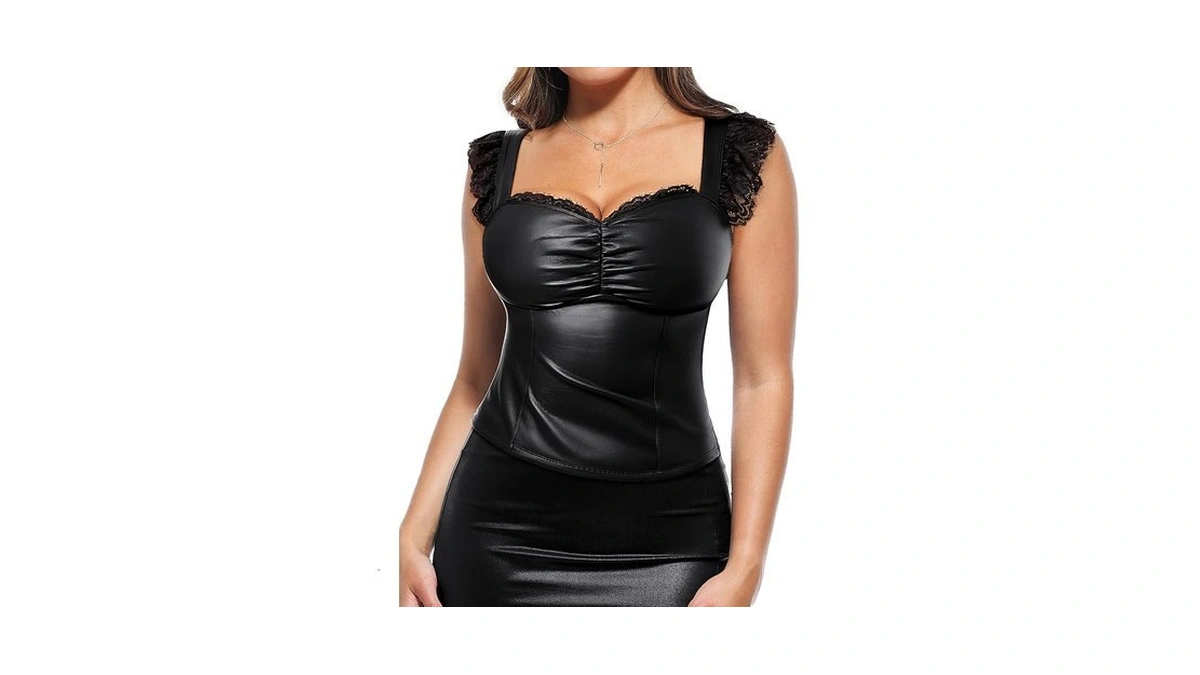 Popilush Black Leather Top Tummy Control Lace Corset Going Out