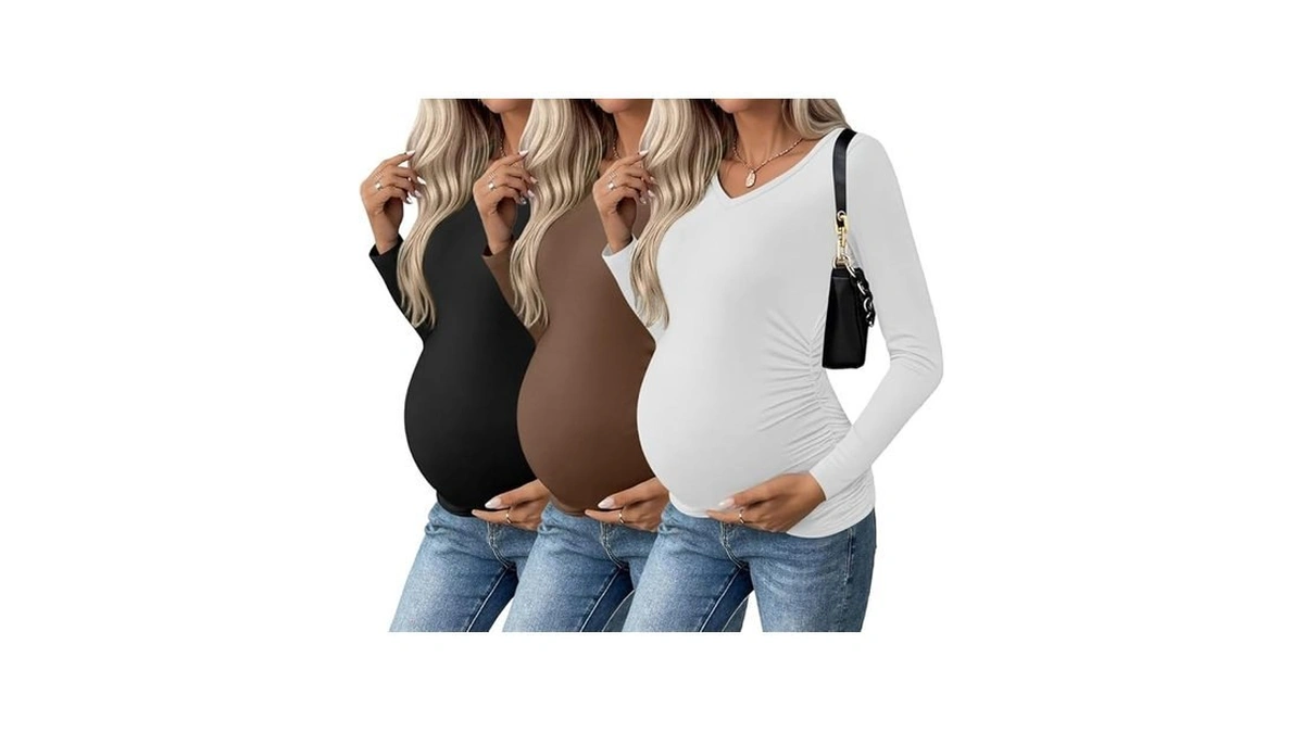 Ekouaer Womens Maternity Shirts Long Sleeve 3 Packs Pregnancy V-neck