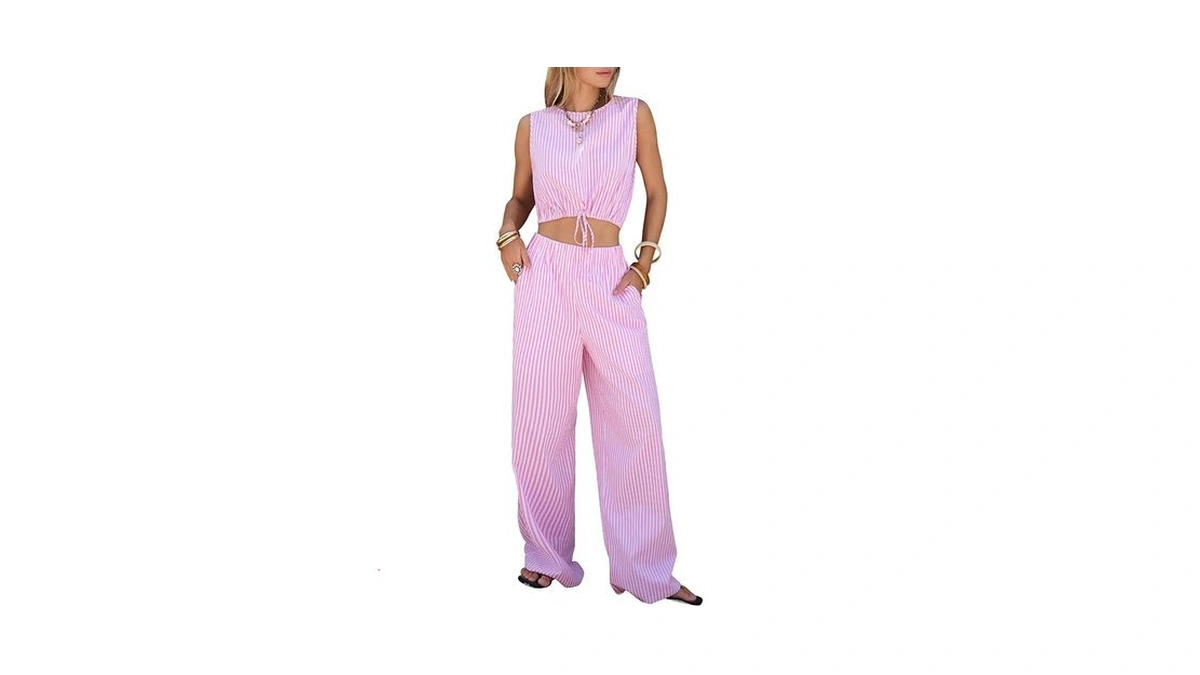 Exlura Womens 100% Cotton 2 Piece Outfits Stripe Drawstring Crop