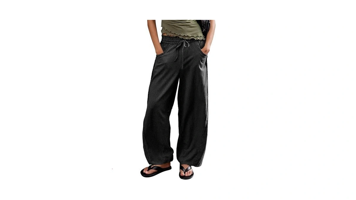 Ziqoty Women's Striped Barrel Pants Drawstring Waist Wide Leg Trousers