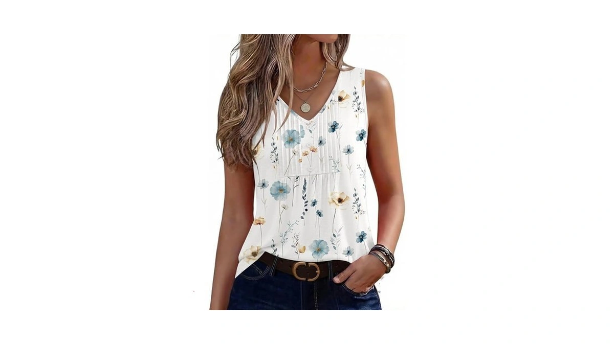 Zeagoo Tank Top For Women 2026 Pleated V Neck Floral