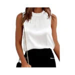 Simplefun White Sleeveless Tops For Women Silky Ruffle Neck Dressy