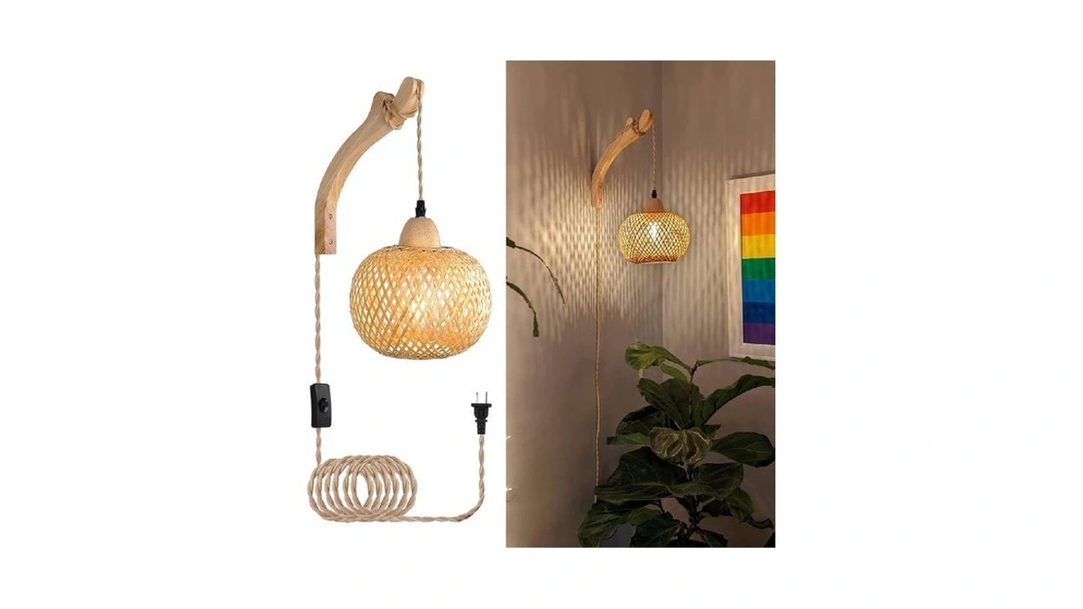 Frideko Bamboo Lantern Plug In Wall Sconces Wicker Wall Lamp