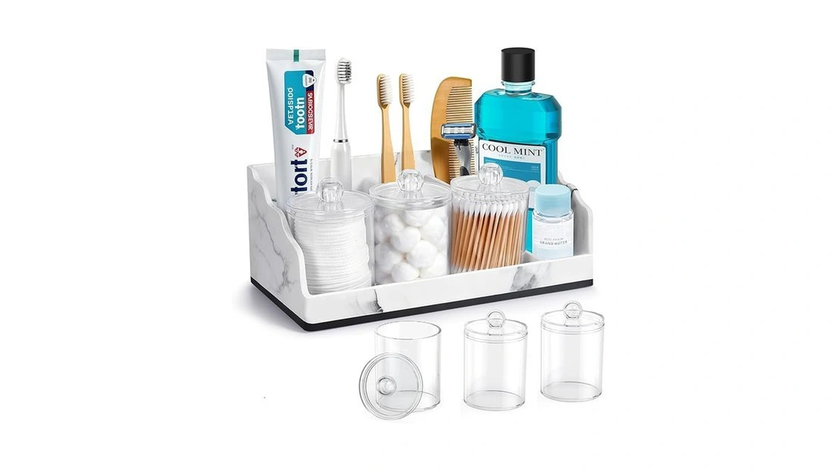 Tucao Bathroom Counter Organizer With 3pcs Qtip Holder, Marble Toothbrush