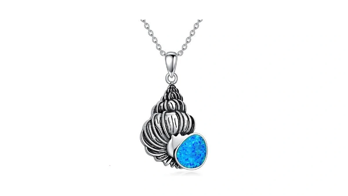 Proess Conch Seashell Necklace Sterling Silver Blue Opal Conch Pendant