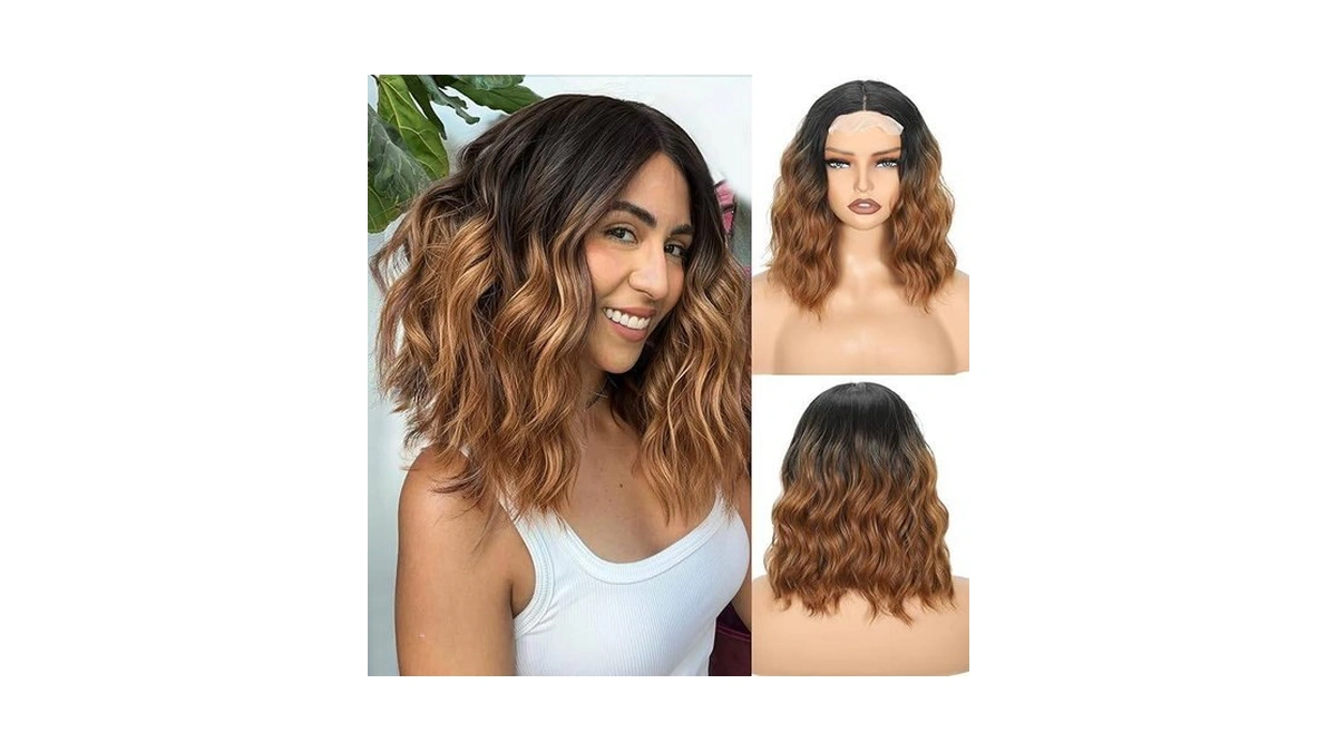 Florvae Wavy Wig For Women 14 Inch Short Brown Highlight