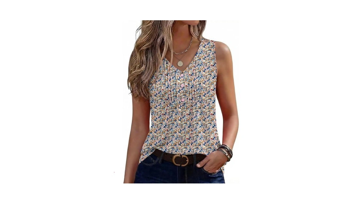Zeagoo Tank Top For Women 2026 Pleated V Neck Floral