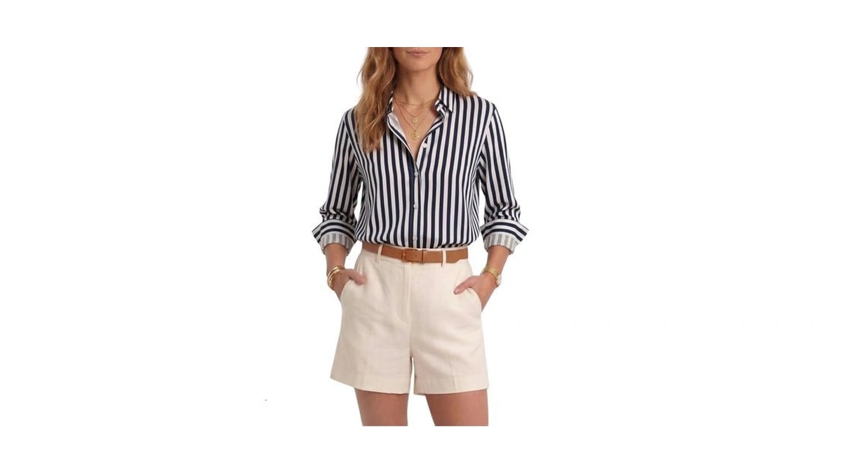 Women’s Long Sleeve Button Down Shirt, Classic Striped Blouse With