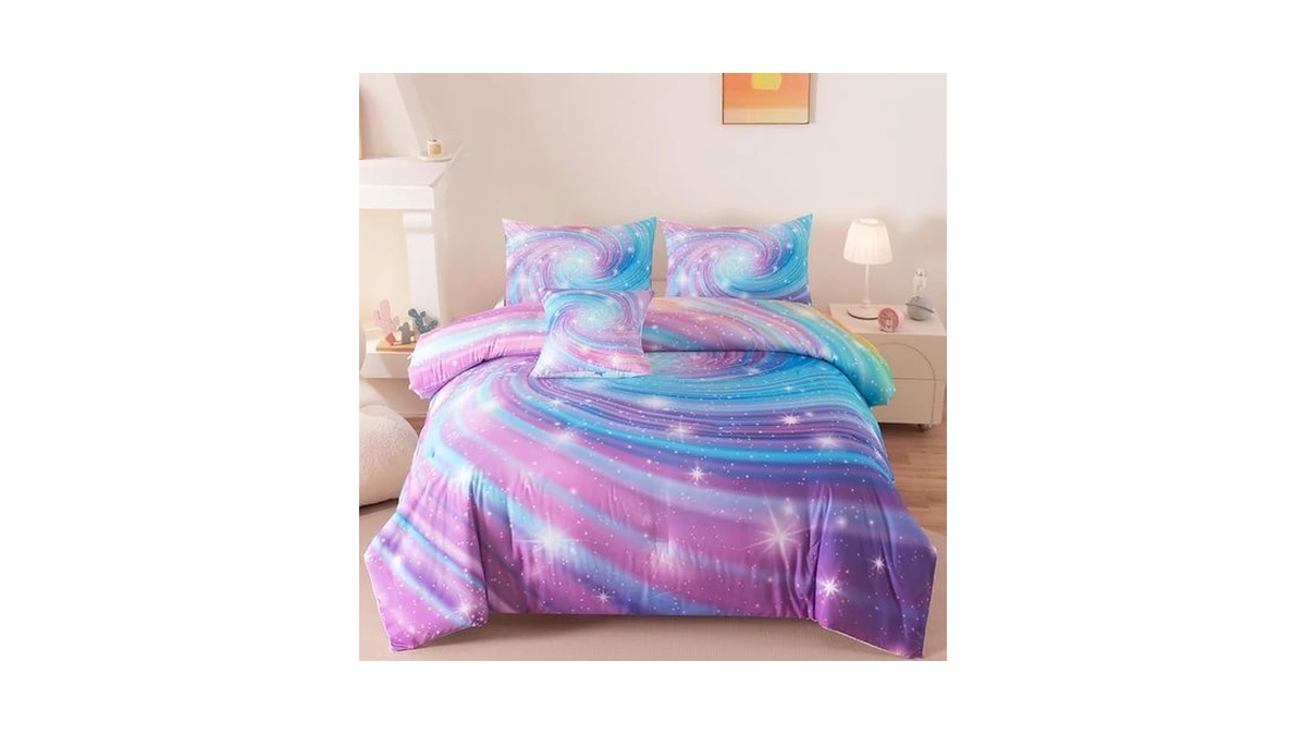 Askotu Full Bedding Set For Girls, Purple Glitter Stars Comforter