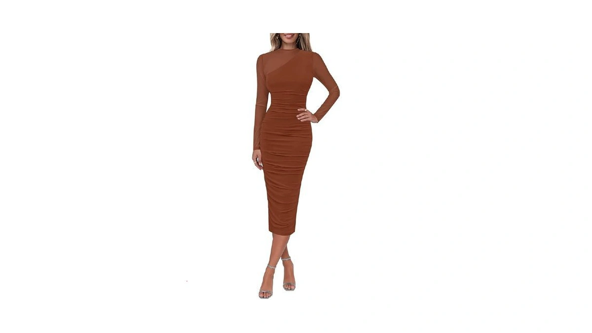 Lazysmile Long Sleeve Mesh Dresses For Women Mock Neck Ruched