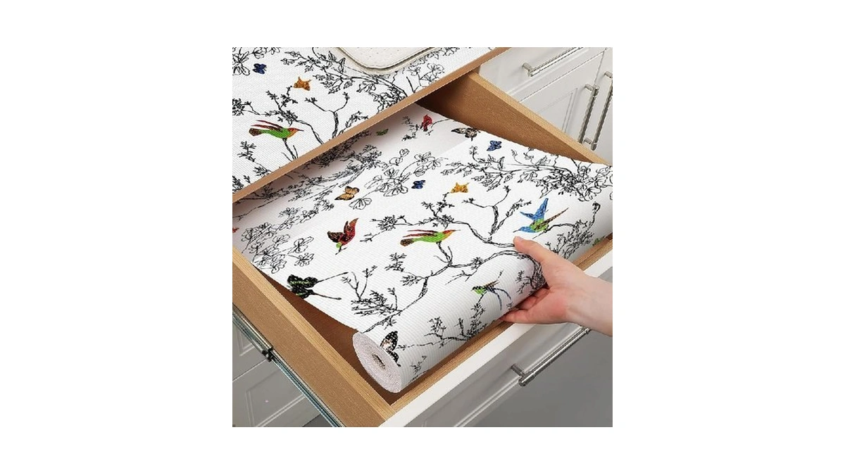Tatyanna Floral Bird Shelf Liner Non-adhesive Non Slip Drawer Liner