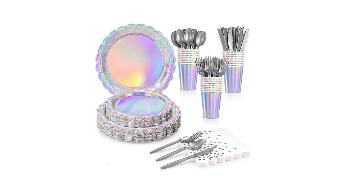 Xiangqu 175 Pcs Iridescent Party Plates And Napkins, Iridescent Party