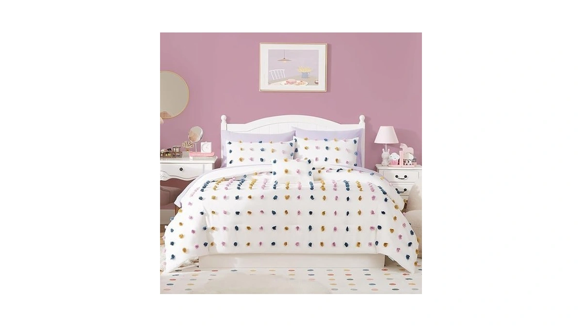 Geniospin Colored Twin Comforter Set For Girls- 6 Pieces Pom