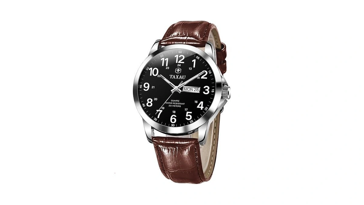 Taxau Mens Brown Leather Watch, Luxury Minimalist Black Face Quartz
