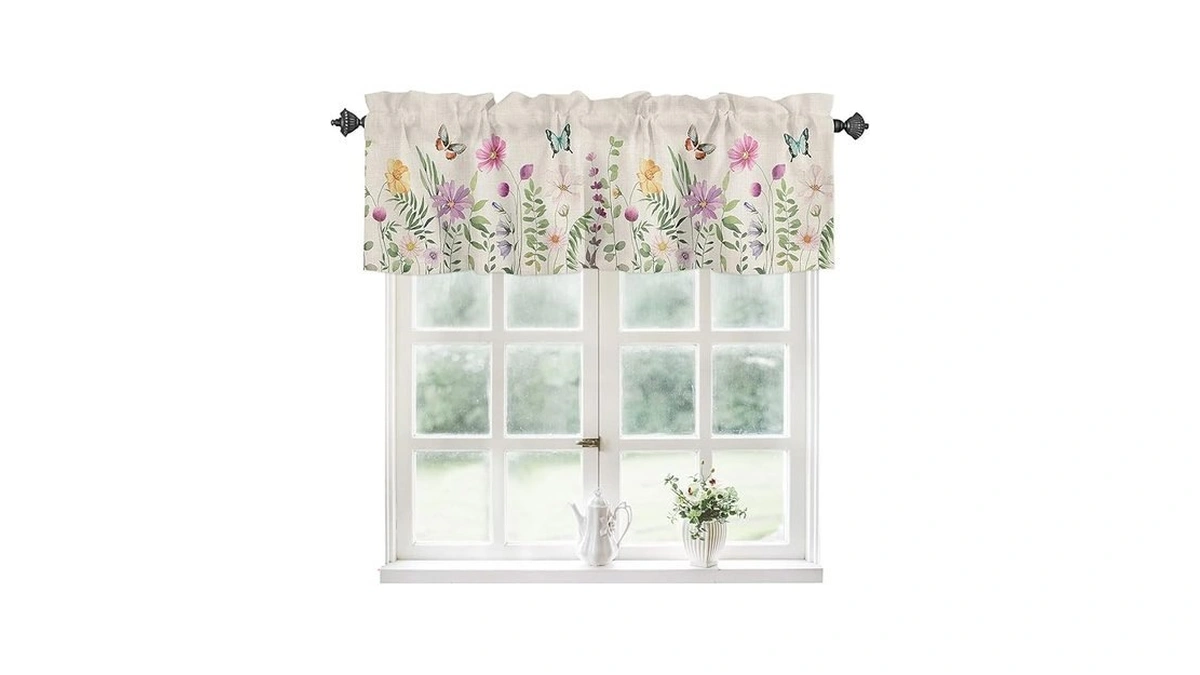 Spring Leaves Flower Curtains Valance For Kitchen Windows,watercolor Floral Vintage