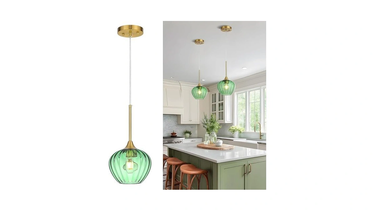 Qianzhan Green Glass Pendant Light, 7 Inch Modern Gold Pendant
