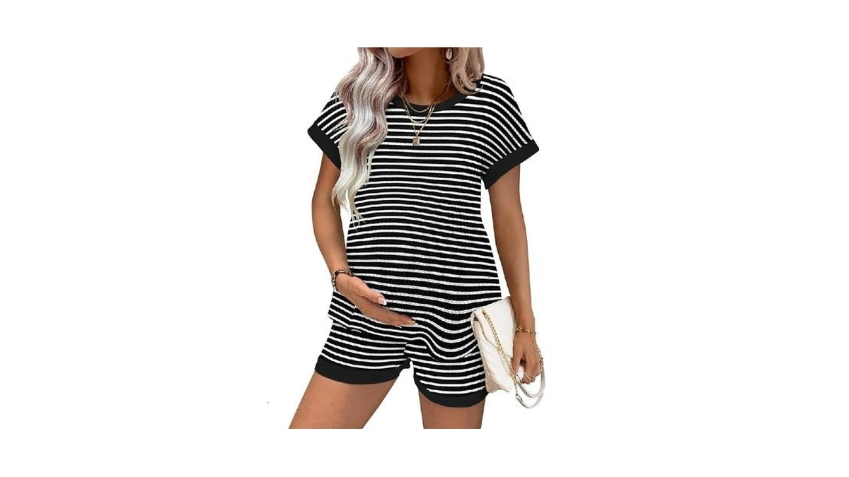 Ekouaer Maternity Pajamas 2 Piece Outfits Waffle Knit Short Sleeve