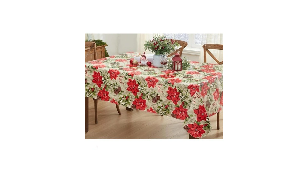 Newbridge Majestic Winter Poinsettia Christmas Vinyl Tablecloth With Flannel Backing,