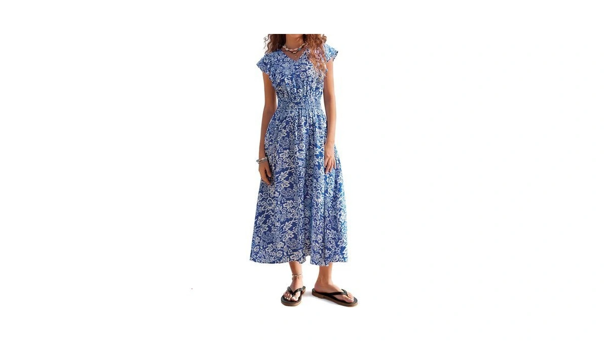 Women's Summer Dress, Casual Floral Boho Maxi Dresses, Flutter Sleeve