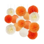 Orange Birthday Party Decorations Paper Lanterns And Pom Poms 15pcs