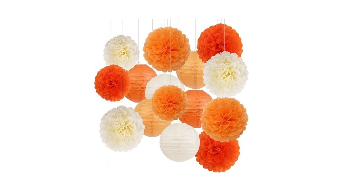 Orange Birthday Party Decorations Paper Lanterns And Pom Poms 15pcs