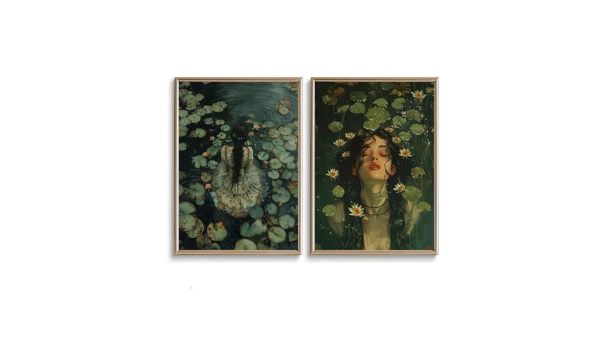 2pcs Moody Victorian Wall Art Woman In The Lake Dark