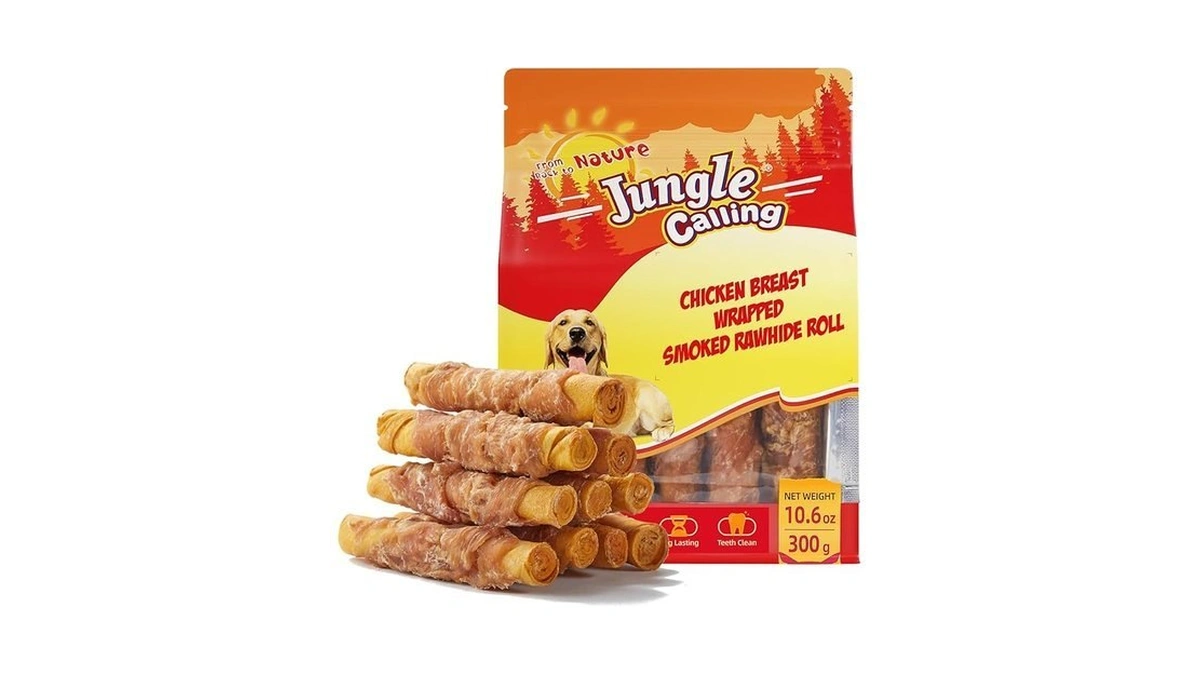 Jungle Calling Dog Treats Smoked Chicken Wrapped Rawhide Rolls, High