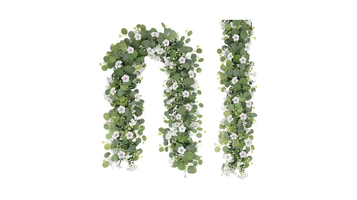Artificial Eucalyptus Garland With Morning Glory Flowers, 2 Pack Faux