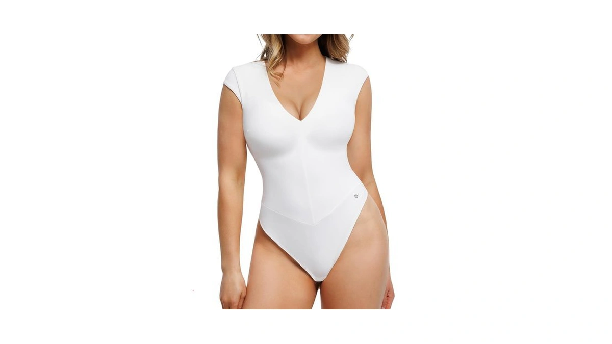 Popilush Shapewear Bodysuits For Women Deep V Neck Cap Sleeve