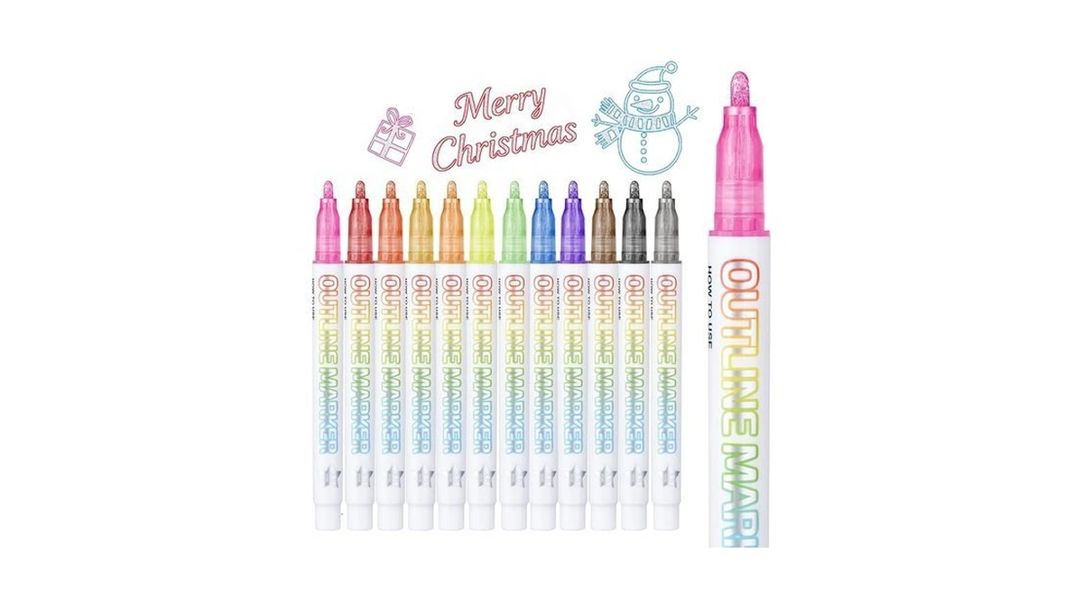 Olingyou Outline Marker, 12 Outline Pens Metallic Colored, Arts Crafts