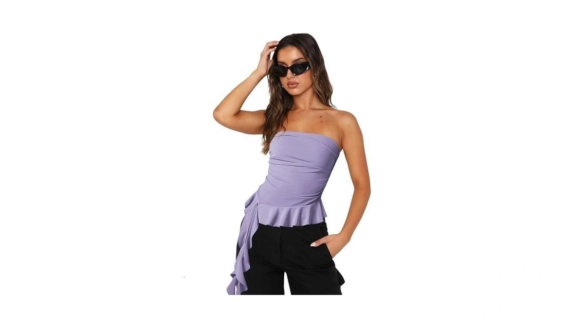 Womens Camisole Tank Tops Strapless Ruffle Hem Tube Tops Off