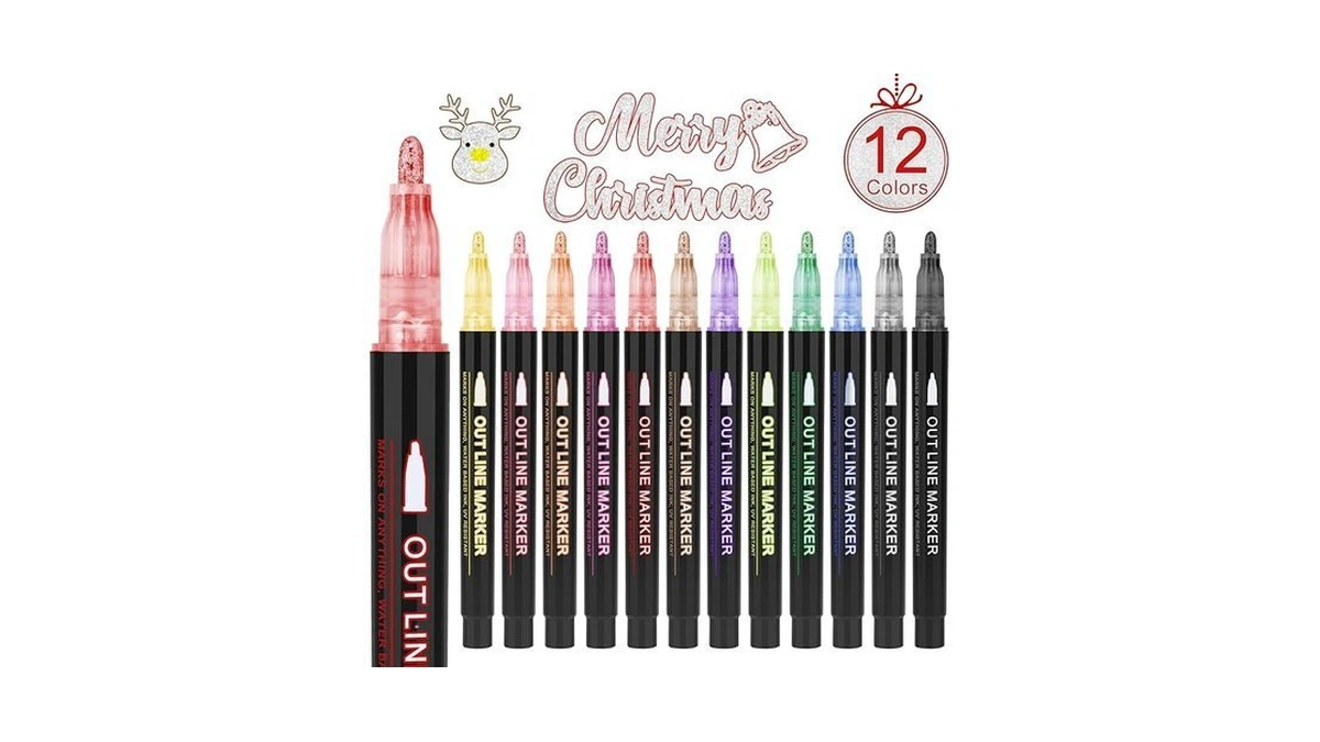 Olingyou Outline Markers, 12 Colors Shimmer Markers Set, Self Outline