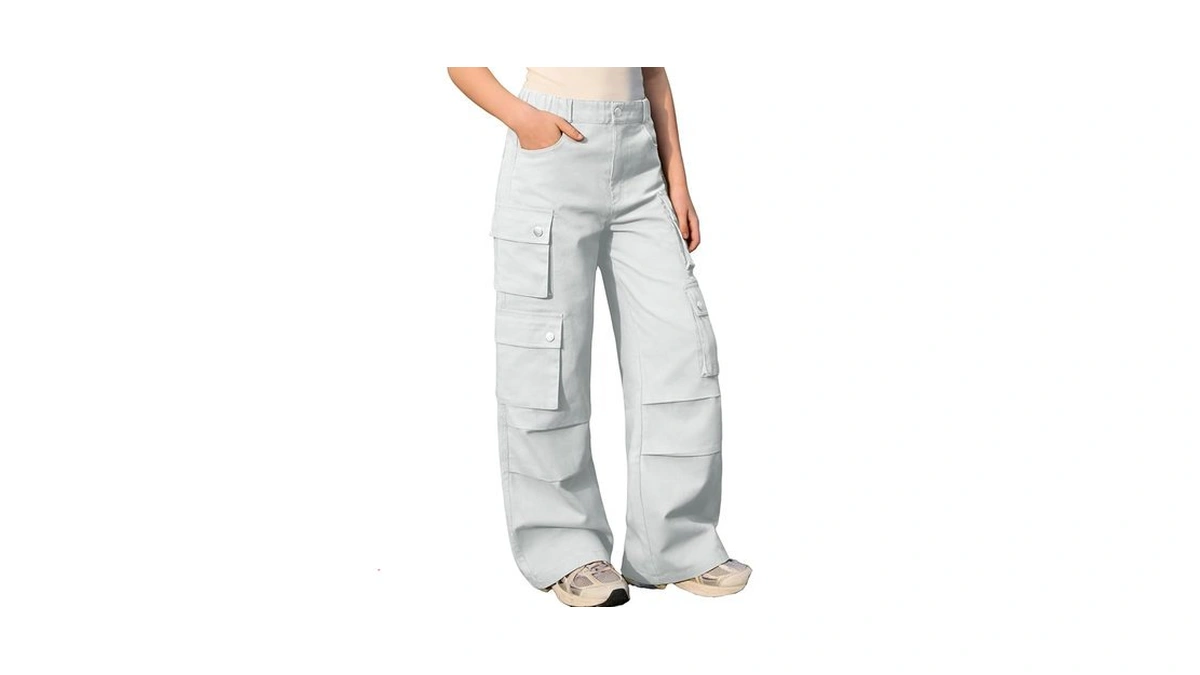 Sangtree Girls High Waist Casual Y2k Wide Leg Cargo Pants,white,13-14