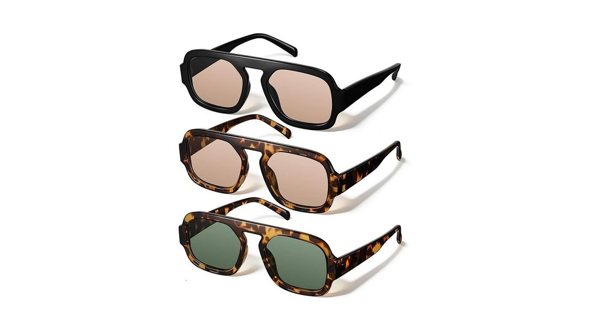 Jatebi 3 Pack Retro Square Aviator Sunglasses Flat Top 70s