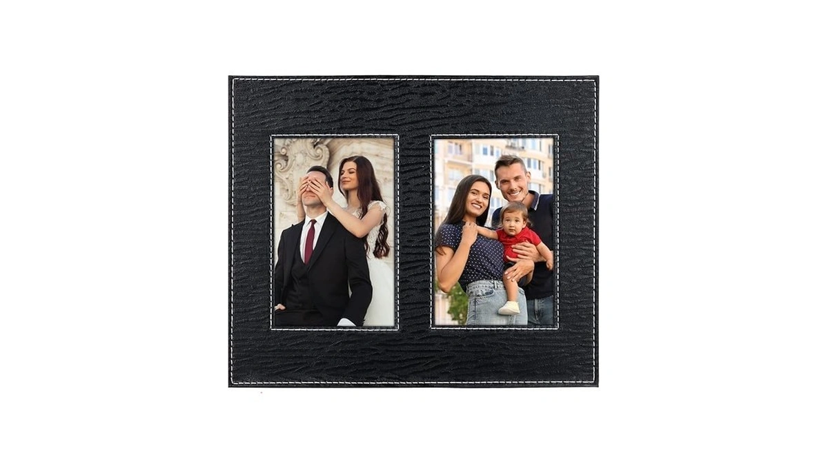 Petcee 4x6 Leather Double Picture Frame - Black Tabletop Display