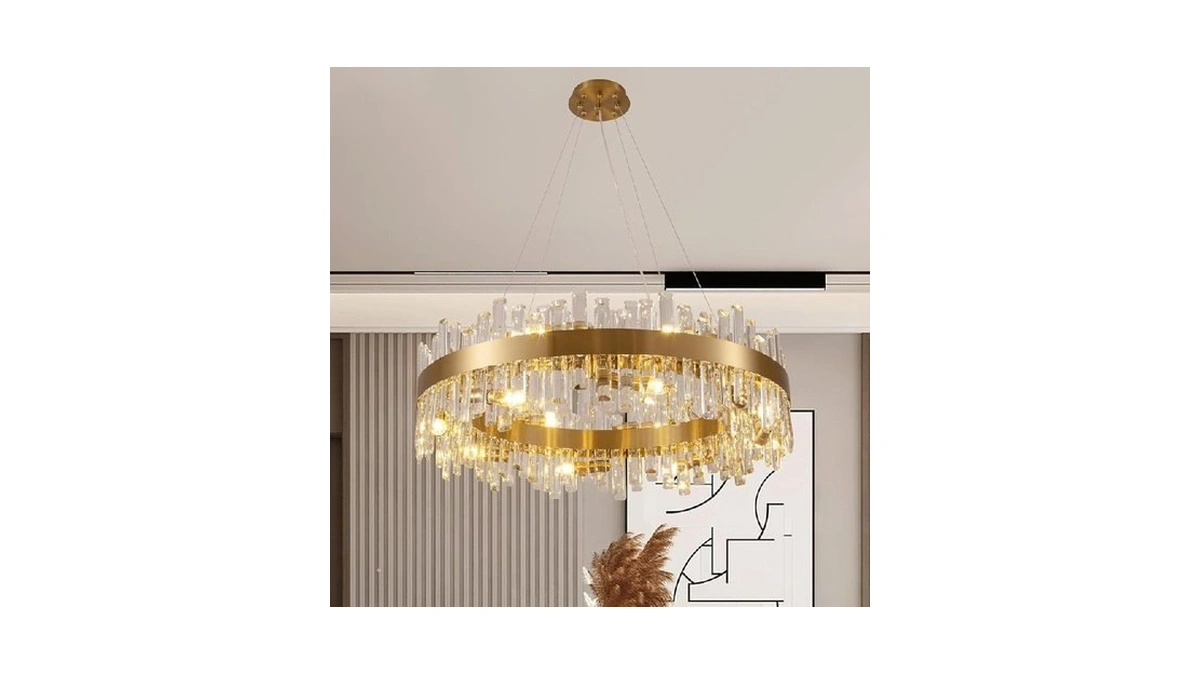 Wndtu Crystal Gold Round Chandelier Modern Light Fixture Raindrop Chandelier
