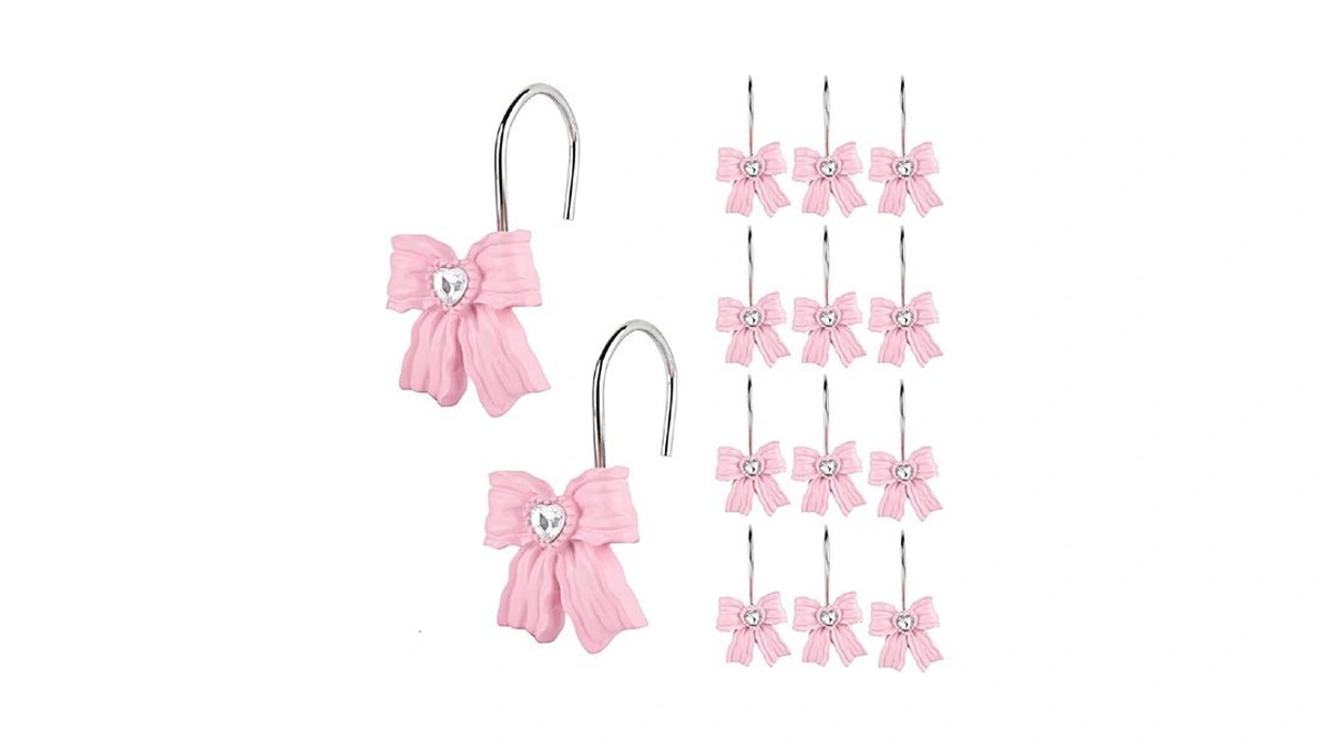 12pcs Shower Curtain Hooks Rings,pink Bow Resin Curtain Hooks Shower