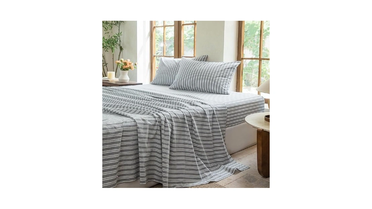 Bestdesil Striped Bedding Sheet Set 4 Pcs,100% Washed Cotton Linen