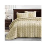 Chezmoi Collection Piers Beige Velvet Quilt Oversized King Set, 3-piece