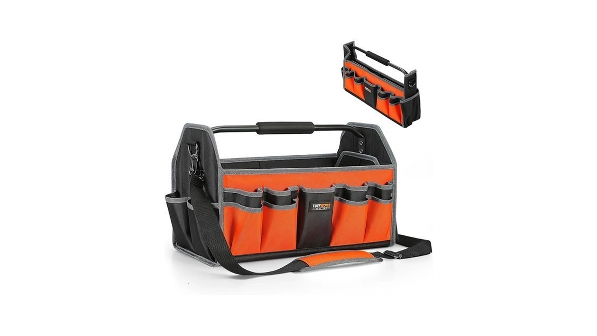 Tuffworx Tool Tote Bag, 15-pocket Storage Organizer, Heavy-duty Handle, Orange