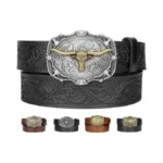 Kicoroiny Leather Western Belts For Woman Men - Bull Buckle,