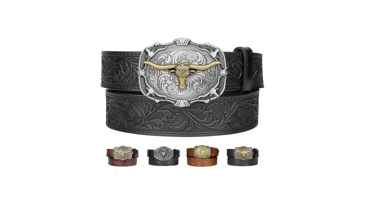 Kicoroiny Leather Western Belts For Woman Men - Bull Buckle,