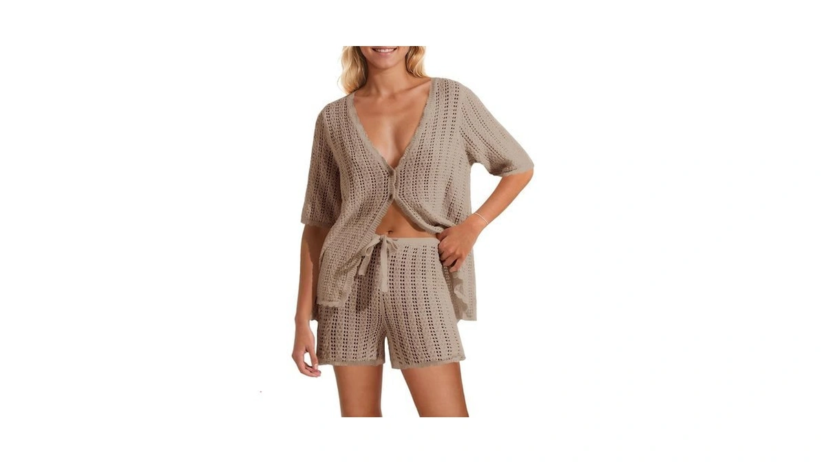 Saodimallsu Womens Crochet 2 Piece Swimsuit Cover Up Short Sleeve