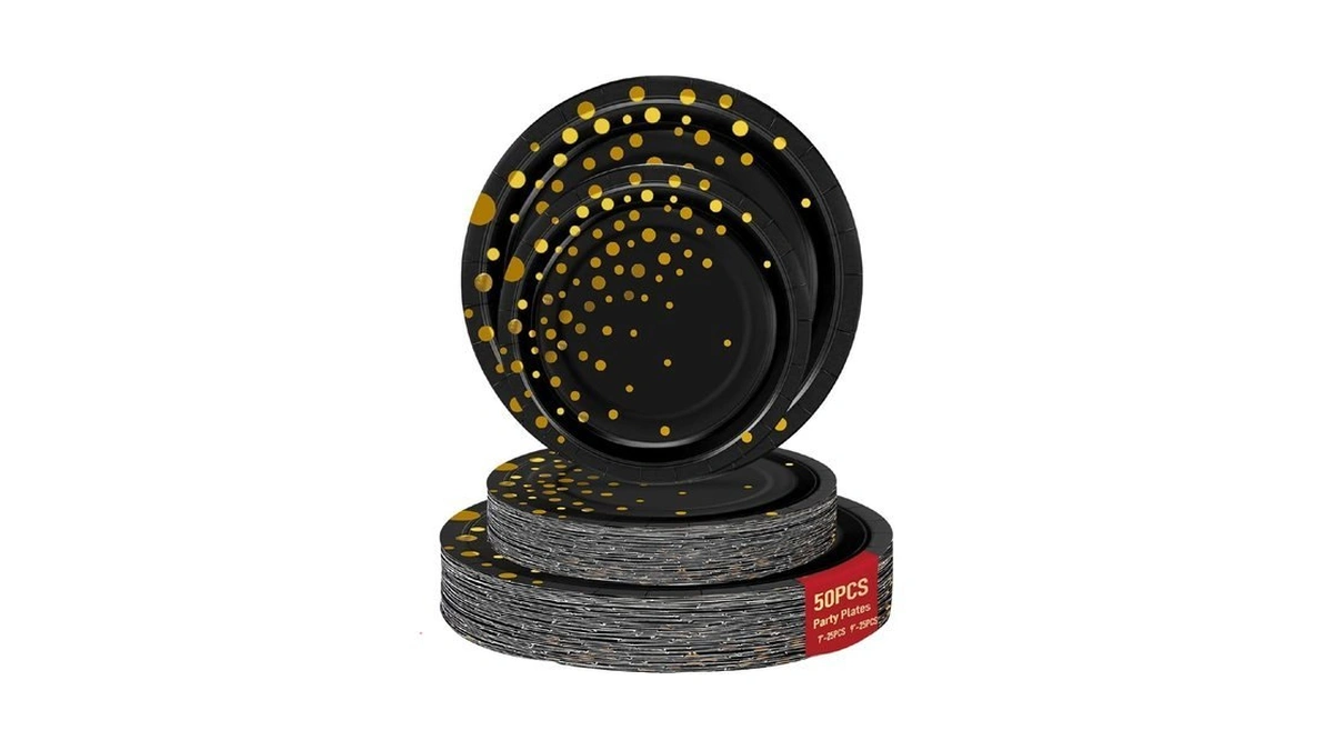 50 Black Gold Paper Plates For Party Set Includes 25-9"