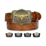 Kicoroiny Leather Western Belts For Woman Men - Bull Buckle,