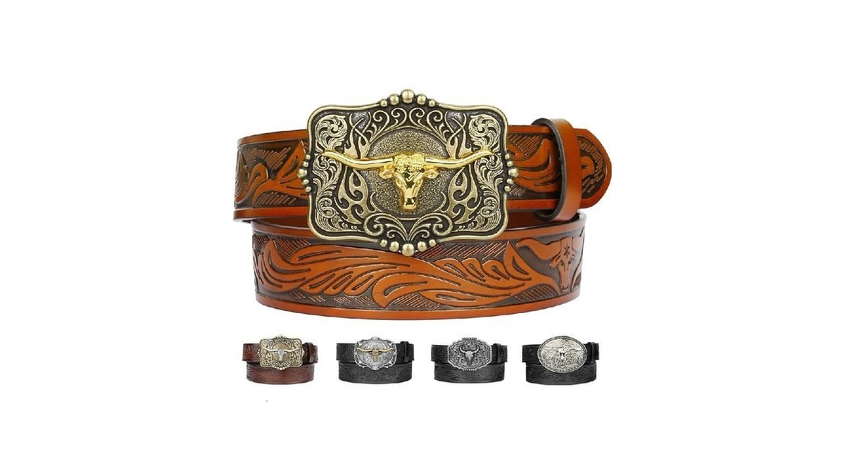 Kicoroiny Leather Western Belts For Woman Men - Bull Buckle,