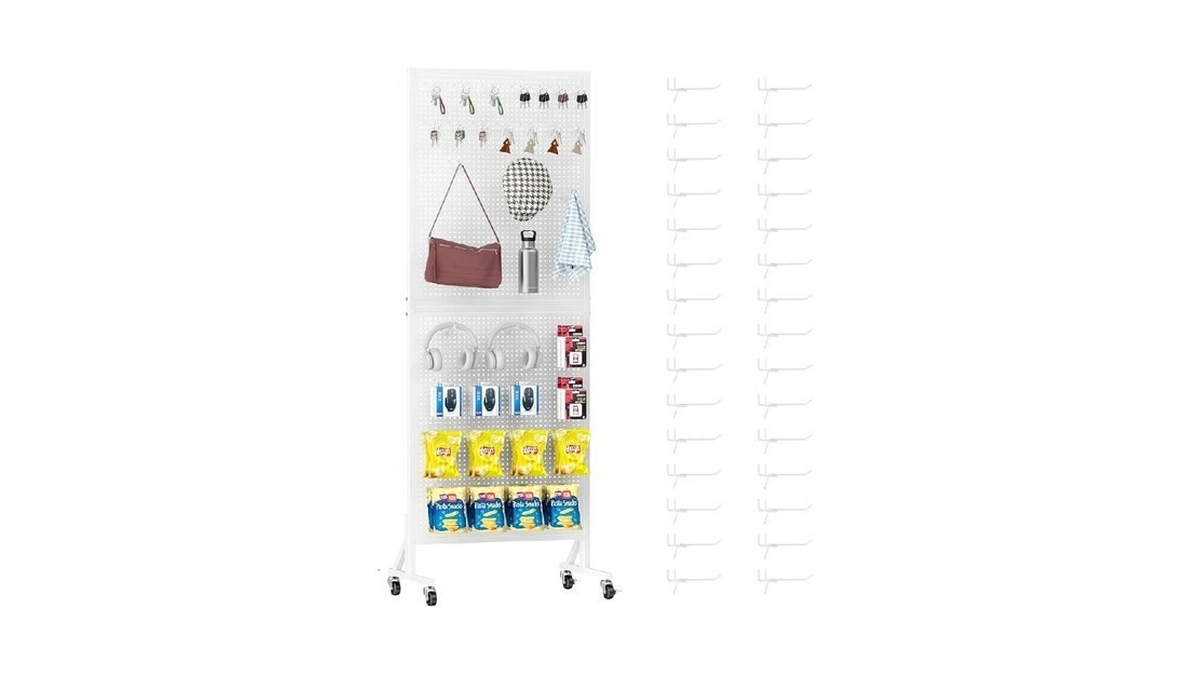 Folews Metal Peg Board Display Stand 24″ X 70″, Freestanding