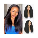 Leosa Long Black Yaki Straight V Part Wig Clip In
