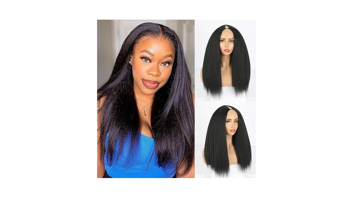 Leosa Long Black Yaki Straight V Part Wig Clip In