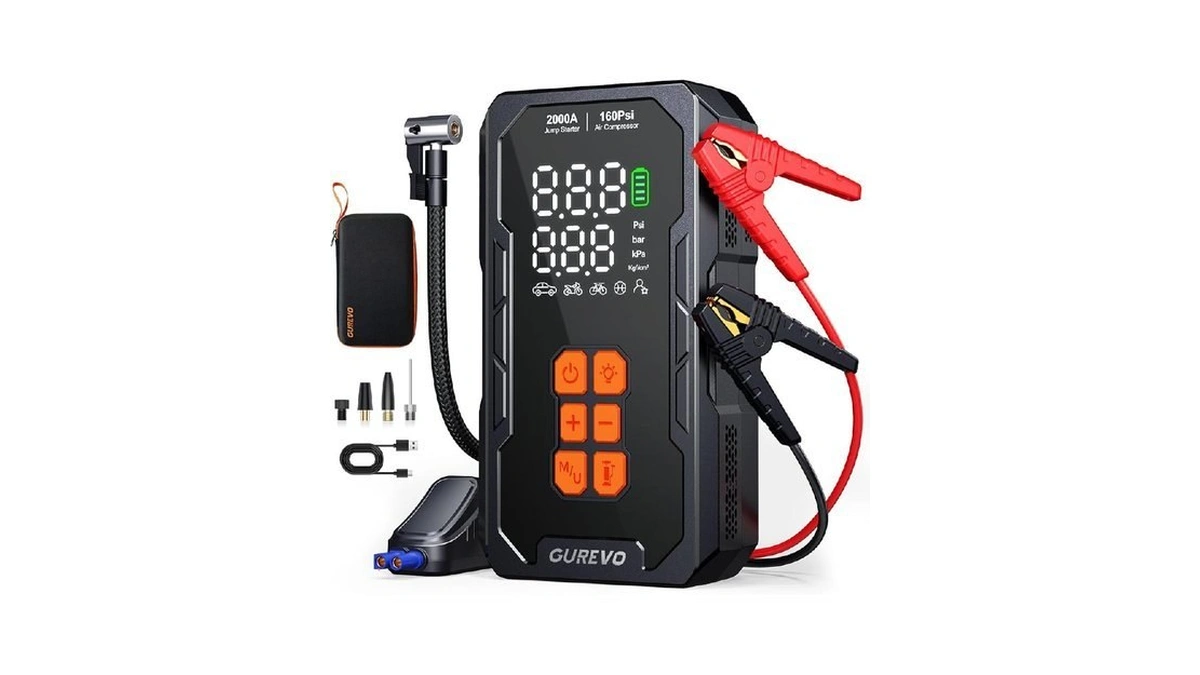 Gurevo 2000a Jump Starter With Air Compressor, Car Battery Jumper